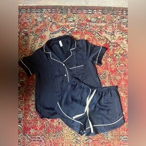 Stars Above Dark Blue Satin Pajama Set